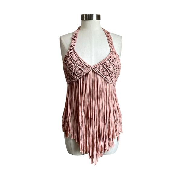 Forever 21 Pink Festival Macrame Fringe Halter Top Size M - Picture 2 of 10
